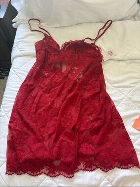 Auden Red Lace Chemise with Floral Sheer Overlay